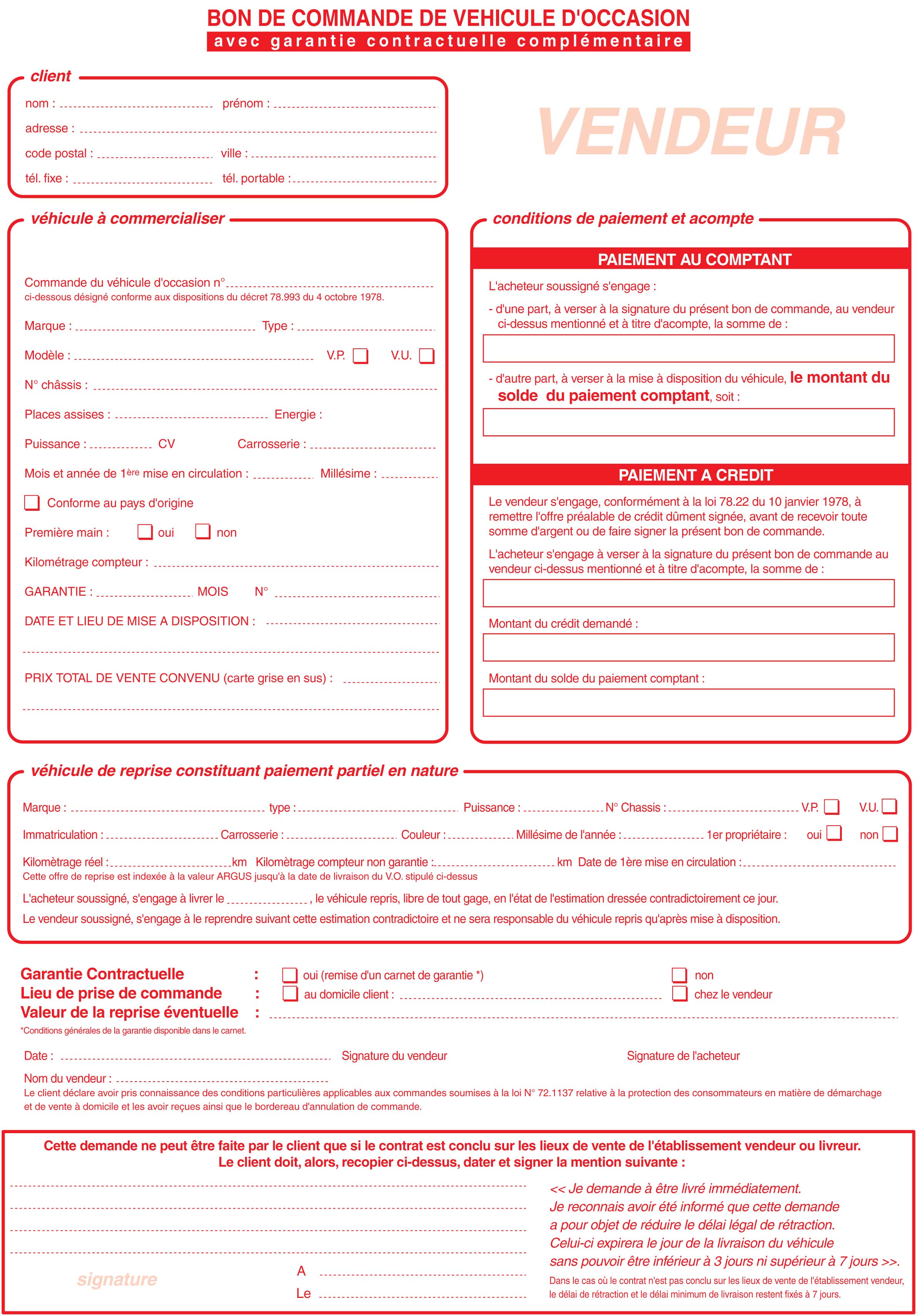 Carnet bon de commande véhicules occasions 100 liasses - Autosignalétique