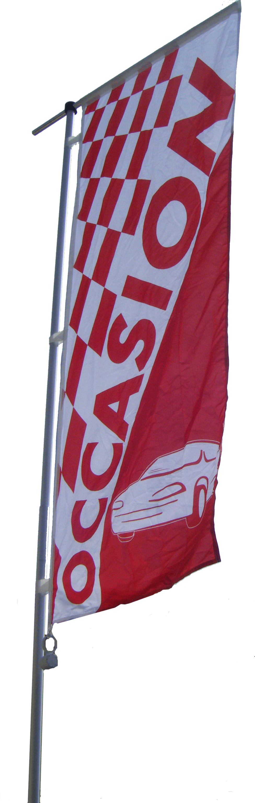 Drapeau OCCASION damier rouge format XXL 250x100 pour signaler véhicules sportifs et promotions spéciales en concession automobile