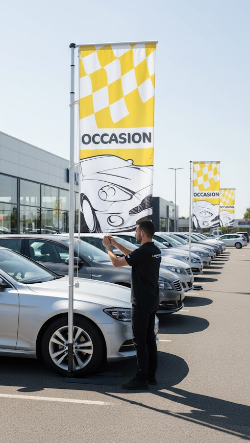 Installation mât télescopique drapeau publicitaire automobile pied autocal sous roue