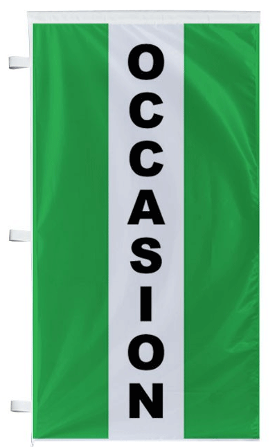 Drapeau OCCASION vert bandes latérales segment écologique VO Drapeau OCCASION vert à bandes latérales pour véhicules hybrides ou écologiques d'occasion en parc automobile