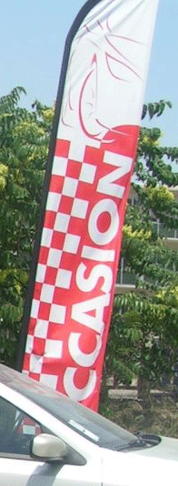 Drapeau OCCASION Voileline forme voile courbe concave élégante rouge haute visibilité parc automobile vendeur VO signalétique moderne distinctive