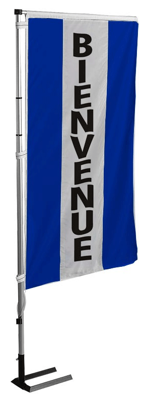 Kit mat et drapeau bienvenue bleu à bandes latérales 4 m - Autosignalétique