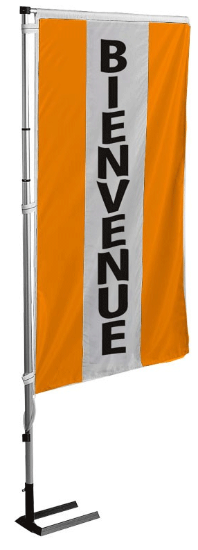 Kit mat et drapeau bienvenue orange à bandes latérales 4 m - Autosignaletique