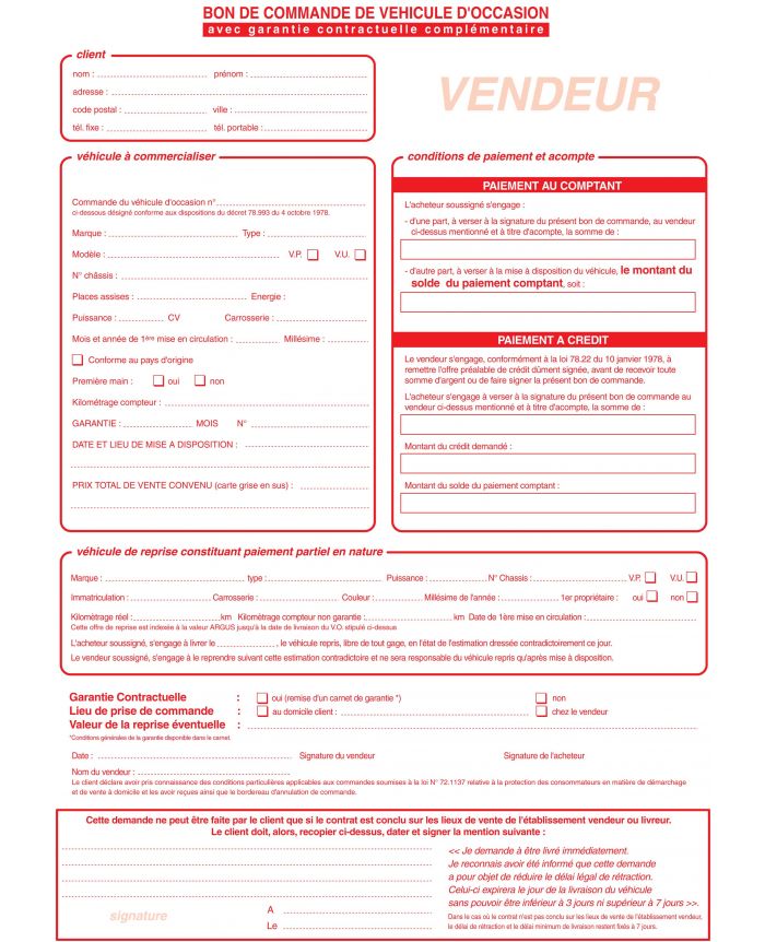 bon de commande véhicules occasions 50 liasses Autosignalétique