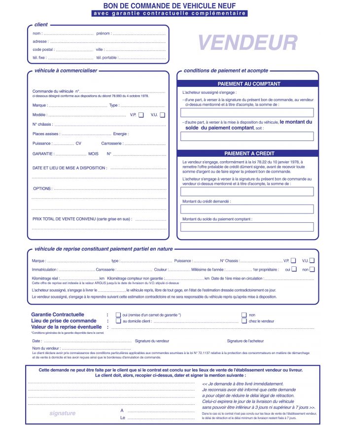 Carnet Bon De Commande Vn 50 Liasses Bon De Commande Vehicules Neufs Autosignaletique